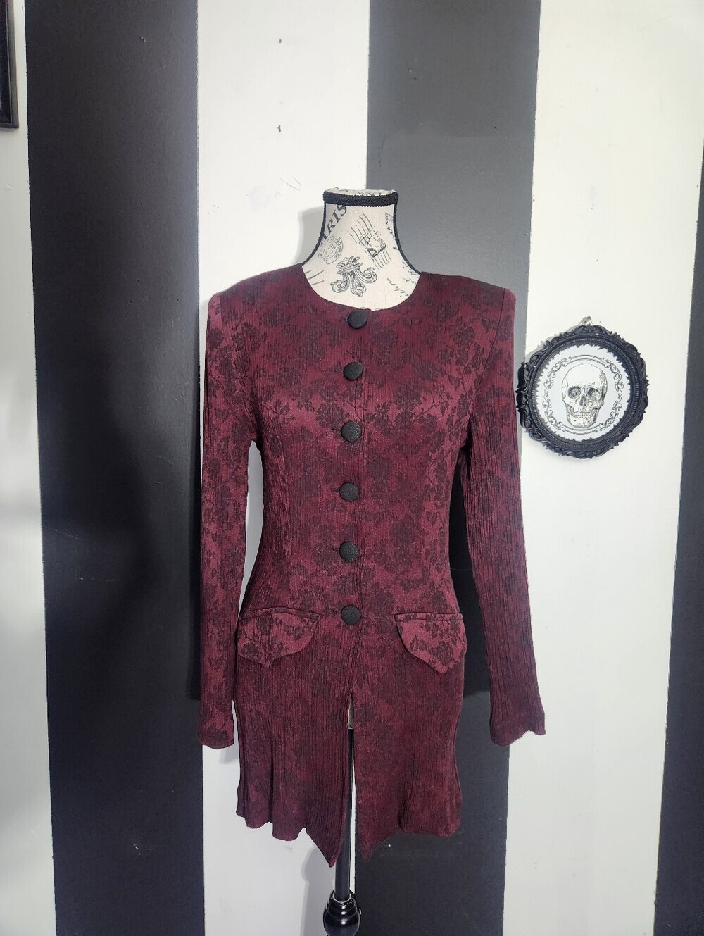 Vintage Burgundy Jacquard Longline Button Blazer